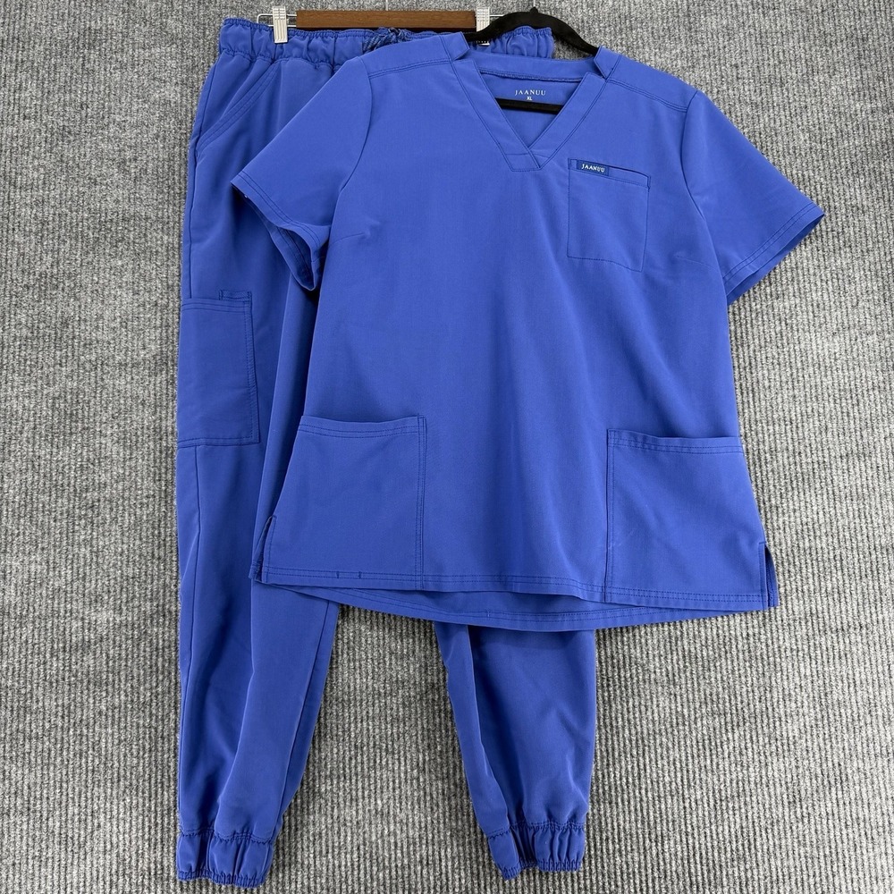 Jaanuu Women's Scrub Set Size XL Blue Jogger Pants and Top